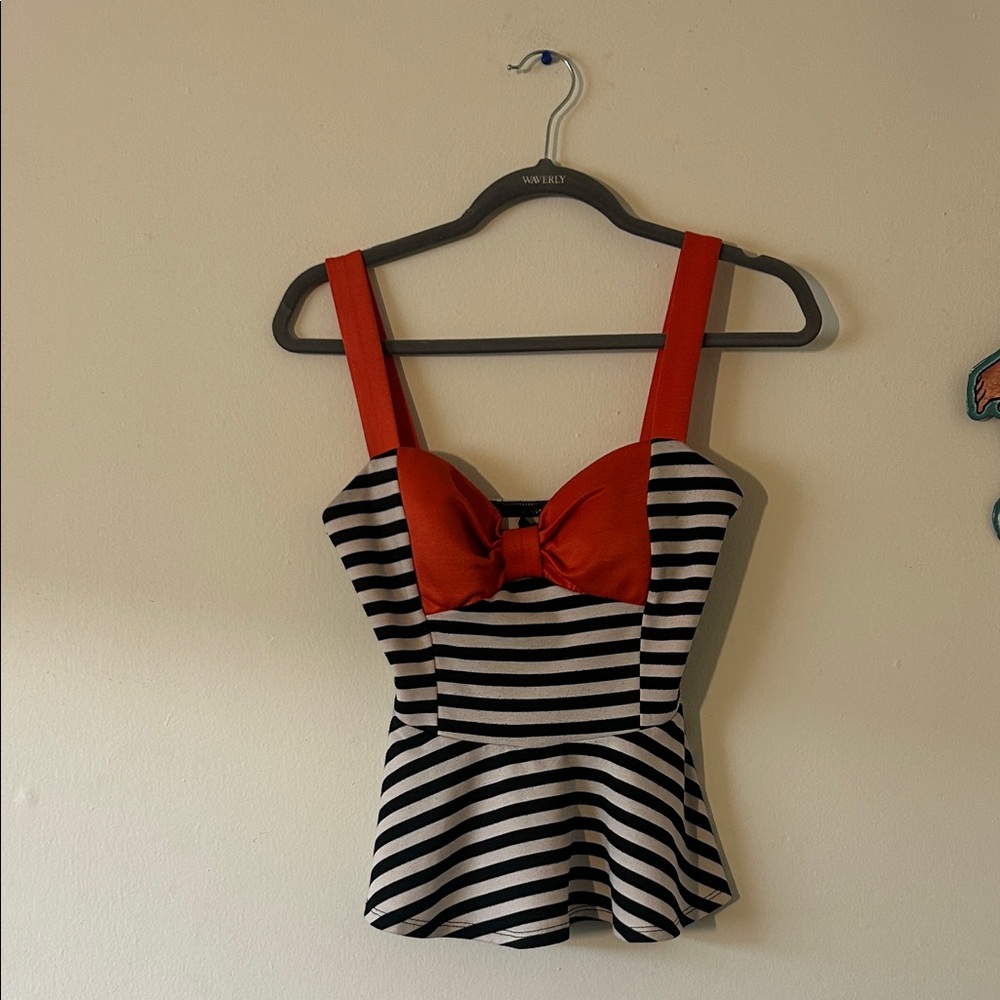 Papaya Black and White Striped Top with Red Bow